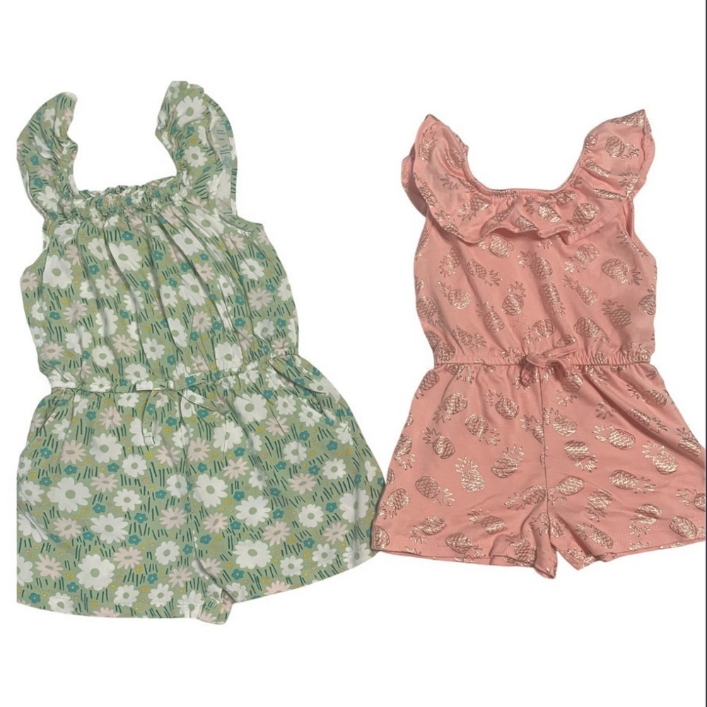 Set of 2 Girls Rompers- Green Floral and a Peach color Pineapple foil Print.